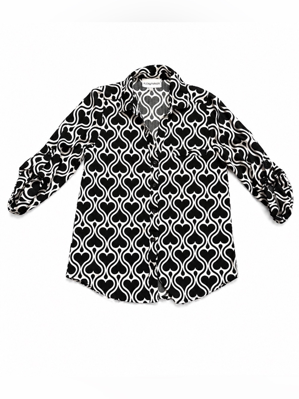 Alex & Parker Black White Heart Print Button Down Blouse Size Small